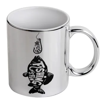 Fishing is fun, Mug ceramic, silver mirror, 330ml