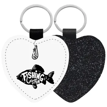 Fishing is fun, Μπρελόκ PU δερμάτινο glitter καρδιά ΜΑΥΡΟ