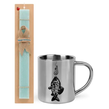 Fishing is fun, Easter Set, metallic thermal cup (300ml) & aromatic flat Easter candle (30cm) (TURQUOISE)