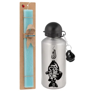 Fishing is fun, Easter Set, metallic silver aluminum water bottle (500ml) & scented flat Easter candle (30cm) (TURQUOISE)