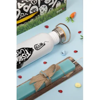 Fishing is fun, Easter Set, SS Metallic water bottle (620ml, stainless steel) & scented flat Easter candle (30cm) (TURQUOISE)