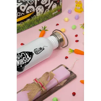 Fishing is fun, Easter Set, SS Metallic water bottle (620ml, stainless steel) & scented flat Easter candle (30cm) (PINK)