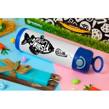 Fishing is fun, Easter candle, Childrens hot water bottle, stainless steel, with safety straw, BLUE (500ml)
