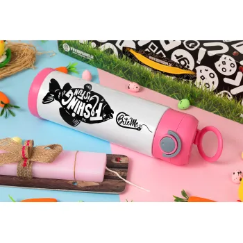 Fishing is fun, Πασχαλινή Λαμπάδα με Παιδικό παγούρι θερμό, ανοξείδωτο, με καλαμάκι ασφαλείας, ΡΟΖ (500ml)