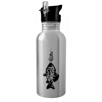 Fishing is fun, Water bottle Silver with straw, stainless steel 600ml