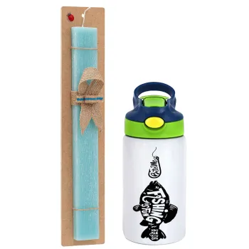 Fishing is fun, Easter Set, Children's thermal stainless steel bottle with safety straw, green/blue (350ml) & aromatic flat Easter candle (30cm) (TURQUOISE)