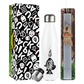 Fishing is fun, Easter candle, metallic white thermos bottle (500ml) & aromatic flat candle (30cm) (GRAY)