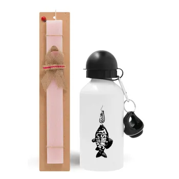Fishing is fun, Easter Set, metallic aluminum bottle (500ml) & aromatic flat Easter candle (30cm) (PINK)