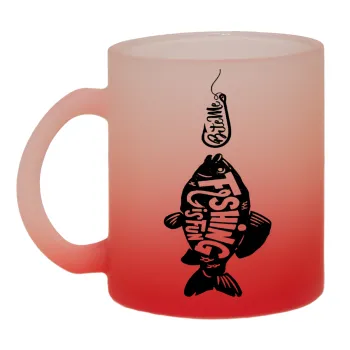 Fishing is fun, Κούπα γυάλινη δίχρωμη με βάση το κόκκινο ματ, 330ml