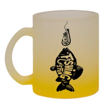 Fishing is fun, Κούπα γυάλινη δίχρωμη με βάση το κίτρινο ματ, 330ml