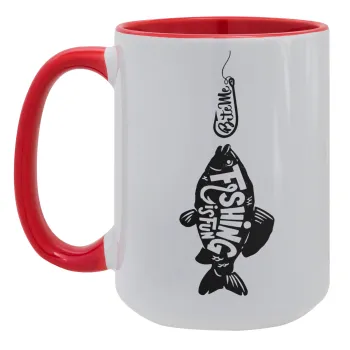 Fishing is fun, Κούπα Mega 15oz, κεραμική Κόκκινη, 450ml