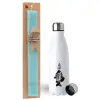 Easter Set, metallic stainless steel water bottle (750ml) & aromatic flat Easter candle (30cm) (TURQUOISE)