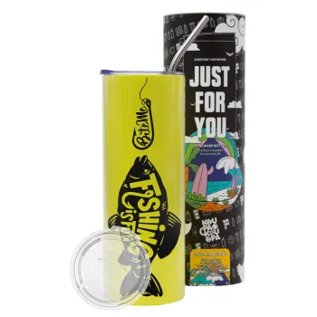 Fishing is fun, Neon Yellow Travel Tumbler θερμό, μεταλλικό καλαμάκι(Ανωξείδωτο 304 Food grade, BPA free, 600ml)