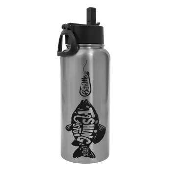 Fishing is fun, Metal mug thermo Silver with Straw and Spout Lid (Stainless steel), double wall, 950ml