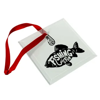 Fishing is fun, Στολίδι Χριστουγεννιάτικο στολίδι γυάλινο τετράγωνο 9x9cm