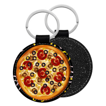 Pizza, Μπρελόκ Δερματίνη, στρογγυλό ΜΑΥΡΟ (5cm)