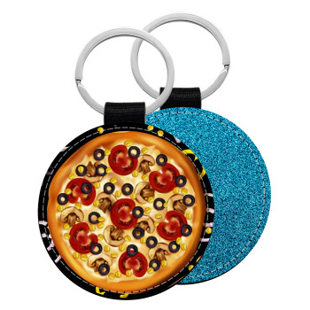 Pizza, Μπρελόκ Δερματίνη, στρογγυλό ΜΠΛΕ (5cm)