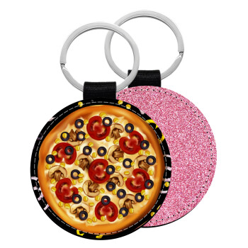 Pizza, Μπρελόκ Δερματίνη, στρογγυλό ΡΟΖ (5cm)