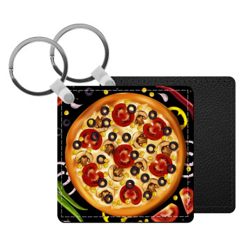 Pizza, Μπρελόκ Δερματίνη, τετράγωνο ΜΑΥΡΟ (5x5cm)