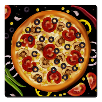Pizza, Τετράγωνο μαγνητάκι ξύλινο 6x6cm