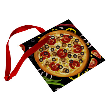 Pizza, Χριστουγεννιάτικο στολίδι γυάλινο τετράγωνο 9x9cm