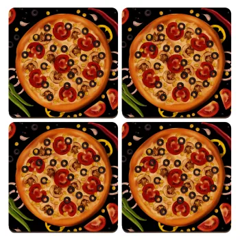 Pizza, ΣΕΤ x4 Σουβέρ ξύλινα τετράγωνα plywood (9cm)