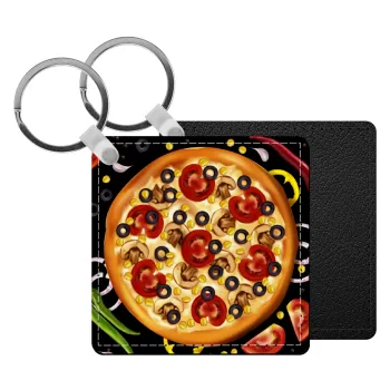 Pizza, Μπρελόκ Δερματίνη, τετράγωνο ΜΑΥΡΟ (5x5cm)