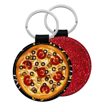 Pizza, Μπρελόκ Δερματίνη, στρογγυλό ΚΟΚΚΙΝΟ (5cm)