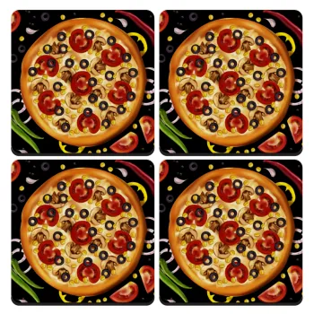 Pizza, ΣΕΤ 4 Σουβέρ ξύλινα τετράγωνα (9cm)