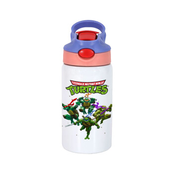 Ninja turtles, Children's hot water bottle, stainless steel, with safety straw, pink/purple (350ml)