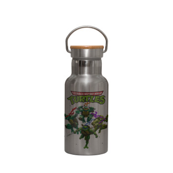 Ninja turtles, Stainless steel metallic thermos flask, silver with a bamboo lid, double-walled, 350ml.