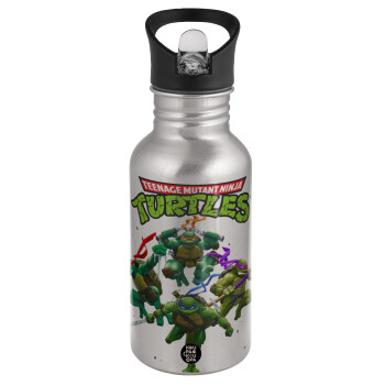 Ninja turtles, Water bottle Silver with straw, stainless steel 500ml