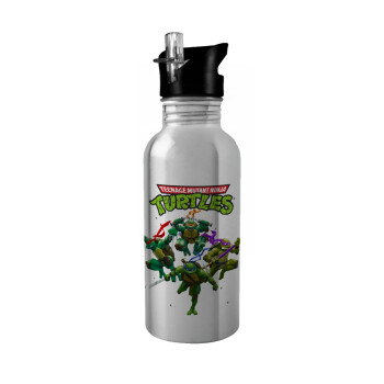 Ninja turtles, Water bottle Silver with straw, stainless steel 600ml