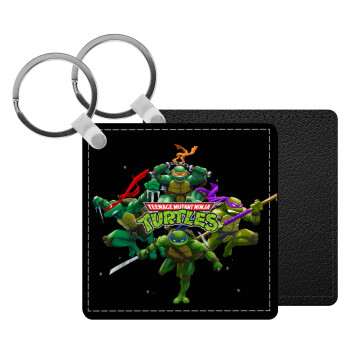 Ninja turtles, Μπρελόκ Δερματίνη, τετράγωνο ΜΑΥΡΟ (5x5cm)