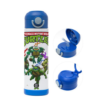 Ninja turtles, Παιδικό παγούρι θερμό, ανοξείδωτο, με καλαμάκι ασφαλείας, ΜΠΛΕ (500ml)