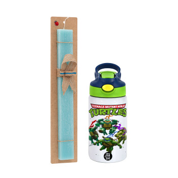 Ninja turtles, Easter Set, Children's thermal stainless steel bottle with safety straw, green/blue (350ml) & aromatic flat Easter candle (30cm) (TURQUOISE)