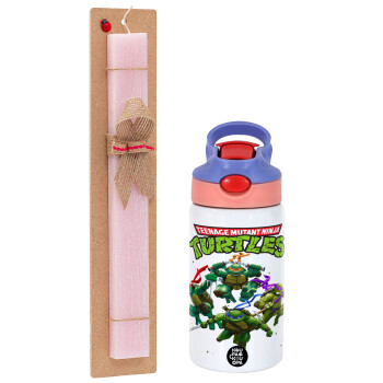 Ninja turtles, Easter Set, Children's thermal stainless steel water bottle with safety straw, pink/purple (350ml) & Easter scented flat candle (30cm) (PINK)