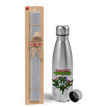 Ninja turtles, Easter Set, metallic Inox water bottle (750ml) & aromatic flat Easter candle (30cm) (GRAY)