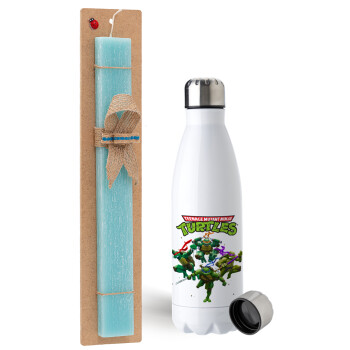Ninja turtles, Easter Set, metallic stainless steel water bottle (750ml) & aromatic flat Easter candle (30cm) (TURQUOISE)
