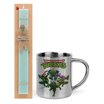Ninja turtles, Easter Set, metallic thermal cup (300ml) & aromatic flat Easter candle (30cm) (TURQUOISE)