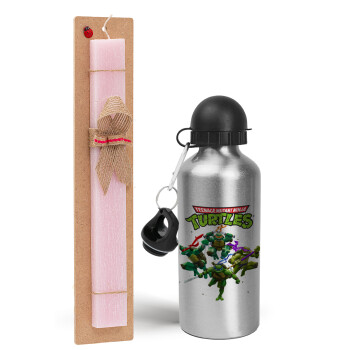 Ninja turtles, Easter Set, metallic Silver aluminum water bottle (500ml) & scented flat Easter candle (30cm) (PINK)