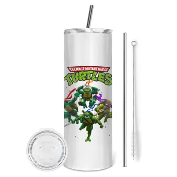 Ninja turtles, Tumbler ποτήρι θερμό από ανοξείδωτο ατσάλι 600ml, με μεταλλικό καλαμάκι & βούρτσα καθαρισμού