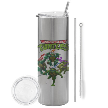 Ninja turtles, Eco friendly stainless steel Silver tumbler 600ml, with metal straw & cleaning brush