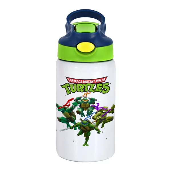 Ninja turtles — Παιδικό παγούρι θερμό, ανοξείδωτο, με καλαμάκι ασφαλείας, πράσινο/μπλε (350ml)