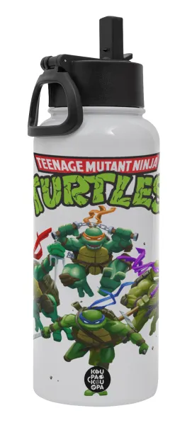 Ninja turtles — Μεταλλικό παγούρι θερμός Λευκό με καλαμάκι και χερούλι (Stainless steel), διπλού τοιχώματος, 950ml