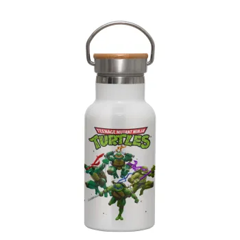 Ninja turtles, Μεταλλικό παγούρι θερμός (Stainless steel) Λευκό με ξύλινο καπακι (bamboo), διπλού τοιχώματος, 350ml
