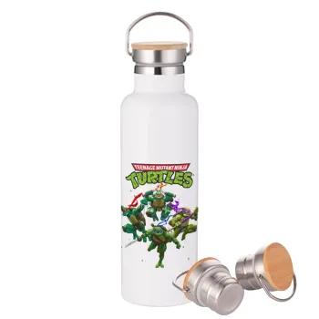 Ninja turtles, Stainless steel White with wooden lid (bamboo), double wall, 750ml
