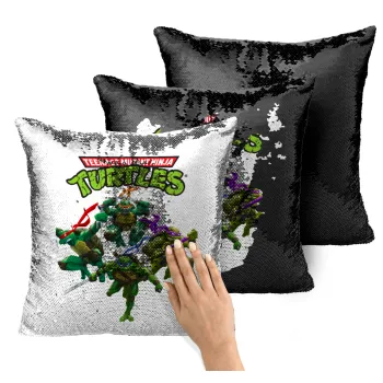 Ninja turtles, Μαξιλάρι καναπέ Μαγικό Μαύρο με πούλιες 40x40cm περιέχεται το γέμισμα