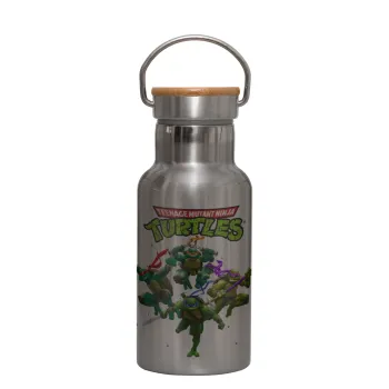 Ninja turtles, Μεταλλικό παγούρι θερμός (Stainless steel) Ασημένιο με ξύλινο καπακι (bamboo), διπλού τοιχώματος, 350ml