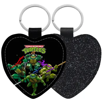 Ninja turtles, Μπρελόκ PU δερμάτινο glitter καρδιά ΜΑΥΡΟ